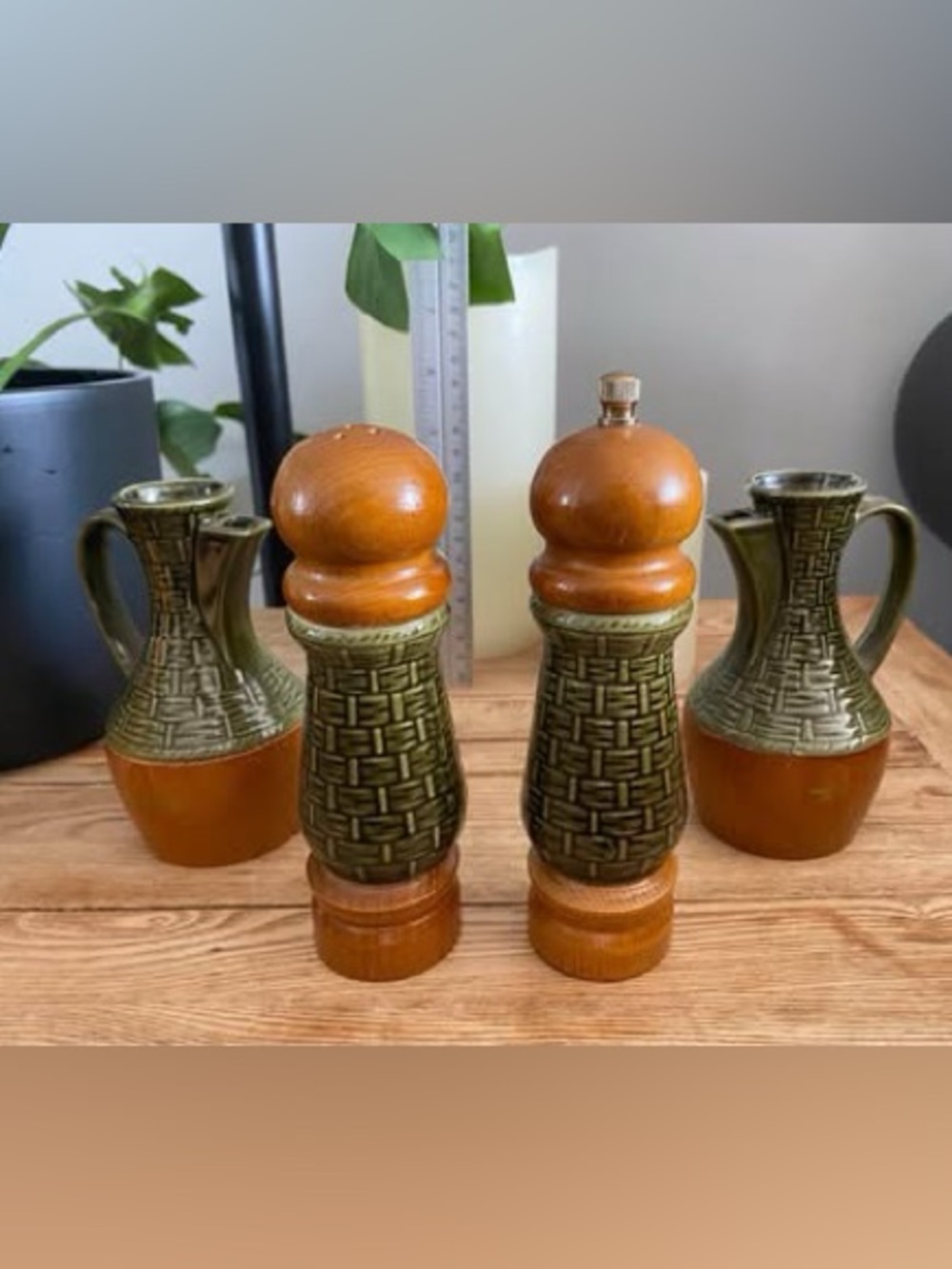 Vintage 4-Pc Ceramic & Wood Cruet Set Salt Shaker, Pepper Grinder, Oil & Vinegar